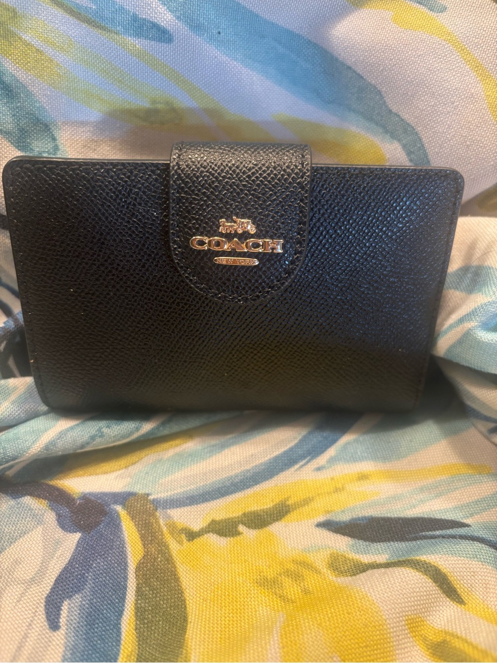 Coach Black Saffiano Wallet with Gold Logo